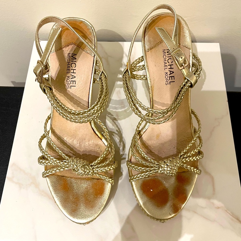 Michael - Michael Kors Pale Gold Metallic Platform Wedge Espadrille - Size 8